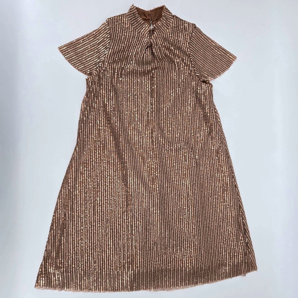 Mia Joy Rose Gold‎ Sequin High Neck Flutter Sleeve Shift Party Dress Size 8